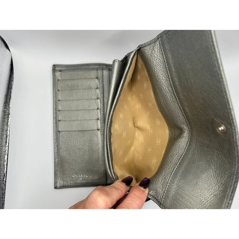 Chanel metallic grey Leather Wallet CC Logo COA card Included#100‎